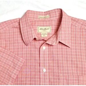 Eddie Bauer L Tall Red Plaid Short Sleeve Wrinkle Resistant White Tan Shirt LT